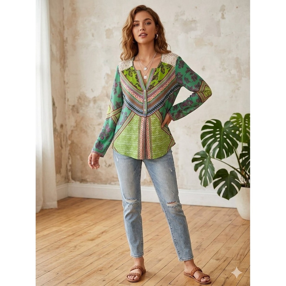 Hale Bob Colorful Tunic Top Womens Silk Green Blue Boho Small